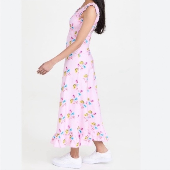 GANNI | Smocked Pink Floral Midi Dress, Size FR 34/US 2 100% Cotton - Picture 4 of 14